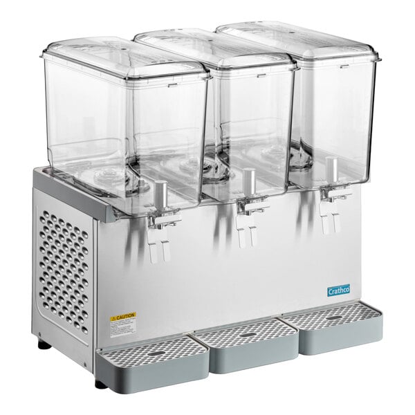 A triple-bowl refrigerated beverage dispenser with clear containers and metal base, designed for serving cold drinks.