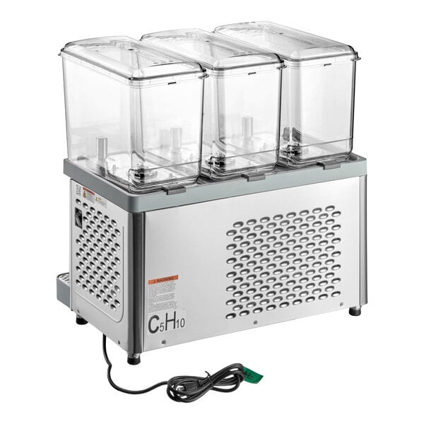 A triple-bowl refrigerated beverage dispenser with a stainless steel base and clear plastic containers.