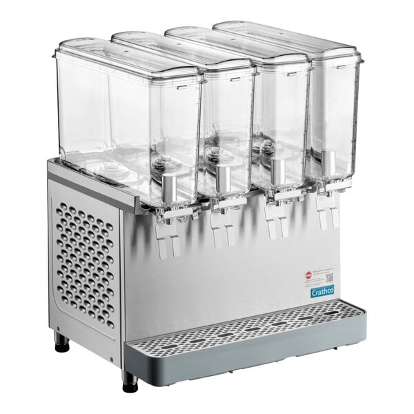 A commercial refrigerated beverage dispenser with four clear 2.4-gallon bowls and metal base.