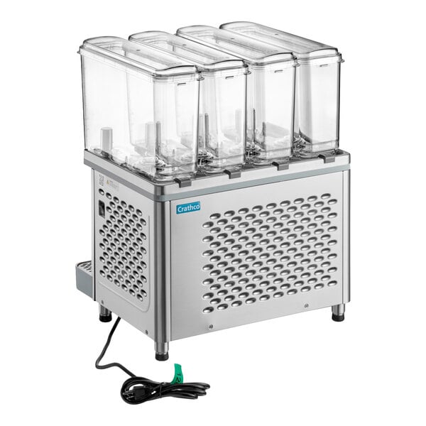 A quadruple-bowl refrigerated beverage dispenser with a stainless steel base and clear plastic containers.