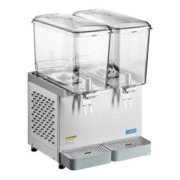 A double-bowl refrigerated beverage dispenser with clear containers and metal base, designed for serving cold drinks.