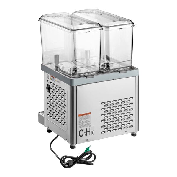 A double-bowl refrigerated beverage dispenser with a stainless steel base and clear plastic containers.