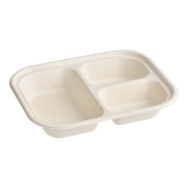 A rectangular, three-compartment compostable fiber food container.