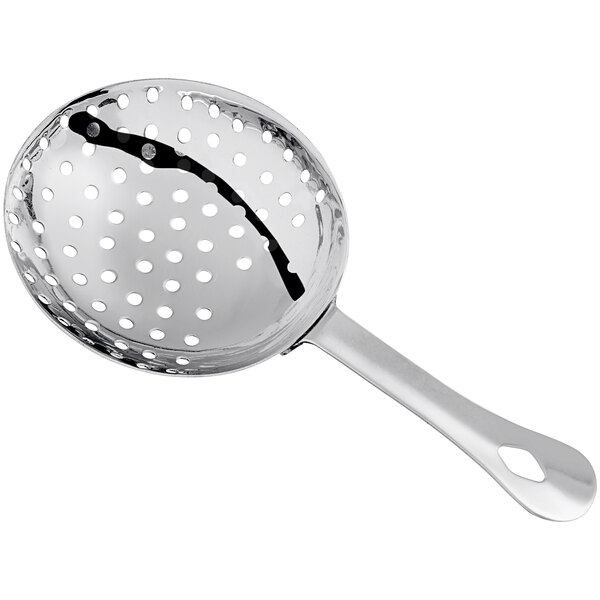 A stainless steel julep strainer with a perforated bowl and a handle.