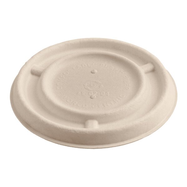 A compostable fiber lid designed to fit a 4 oz. fiber portion cup.