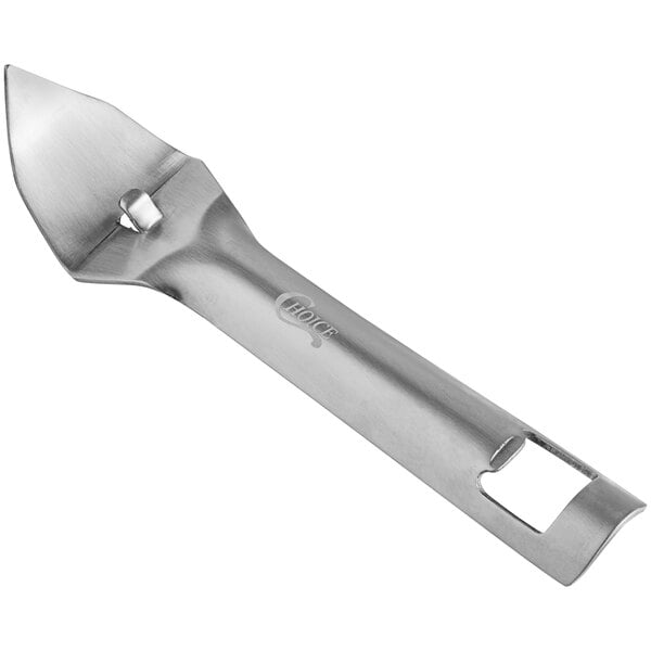A metal bottle and can punch opener with a pointed end and a built-in bottle opener.