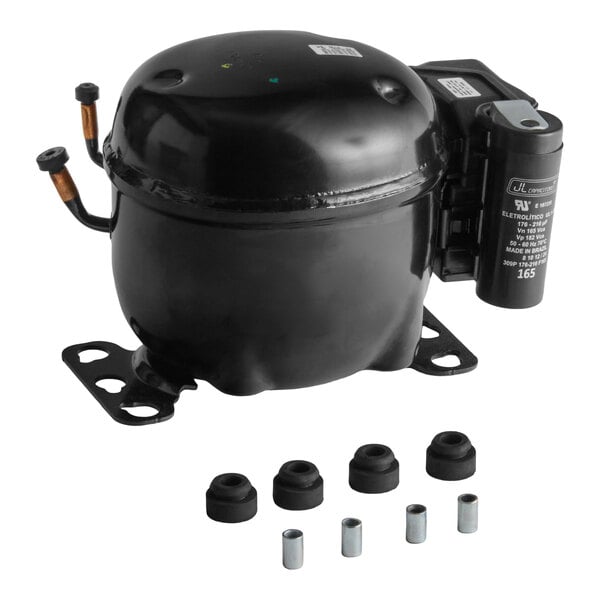 A black compressor unit with mounting hardware for the Avantco Ice EUC-G-80-A.