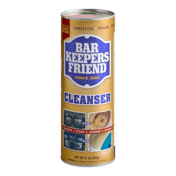A cylindrical container of Bar Keepers Friend all-purpose cleaning powder.