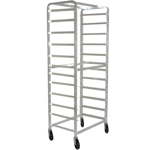 A metal sheet pan rack with wheels.