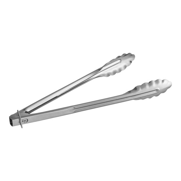 A pair of 12-inch stainless steel utility locking tongs.