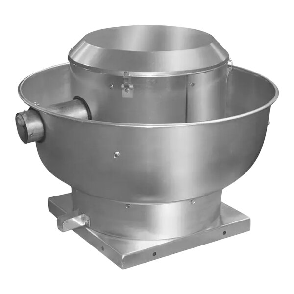 An industrial upblast belt drive exhaust fan made of spun aluminum, designed for ventilation applications.