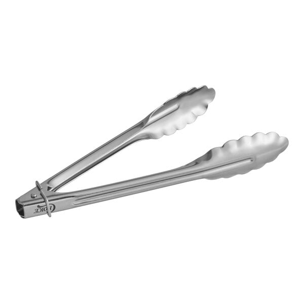 A pair of 9-inch heavy-duty stainless steel utility locking tongs.
