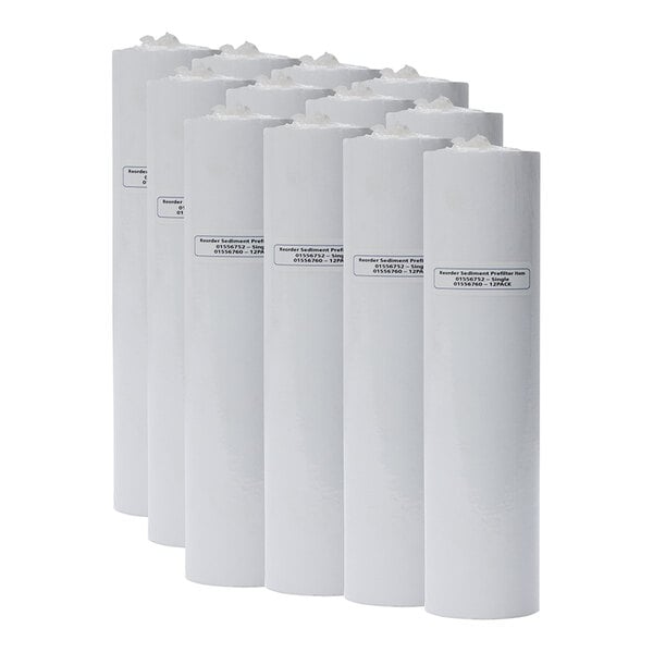 A set of twelve white water sediment pre-filter cartridges for use with specific Follett water filtration systems.