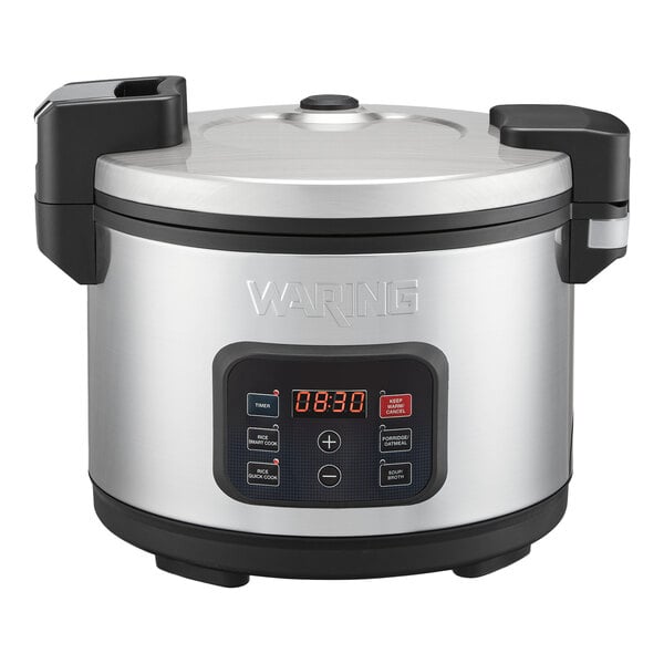A stainless steel electric rice cooker and warmer with digital controls and a large capacity.