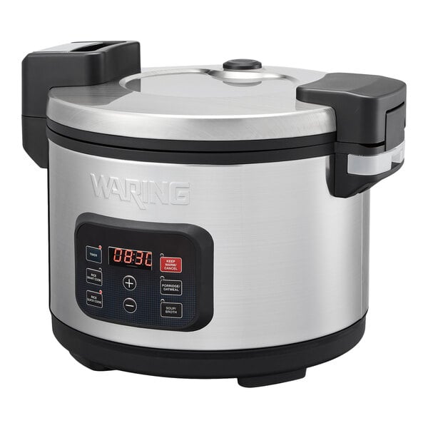 A stainless steel electric rice cooker and warmer with digital controls and a 40-cup cooked rice capacity.