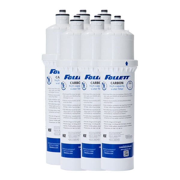 A set of six Follett high-capacity carbon water filter cartridges for use with the CARBONHICAPSYSTEM.