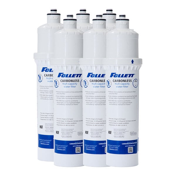 A set of six Follett high-capacity carbonless water filter cartridges.