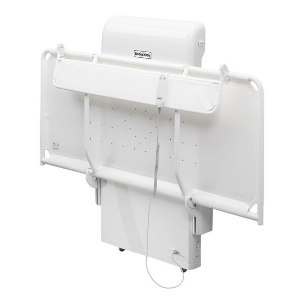 A large, white, wall-mounted horizontal station with foldable rails and a control cord, designed for adjustable height.