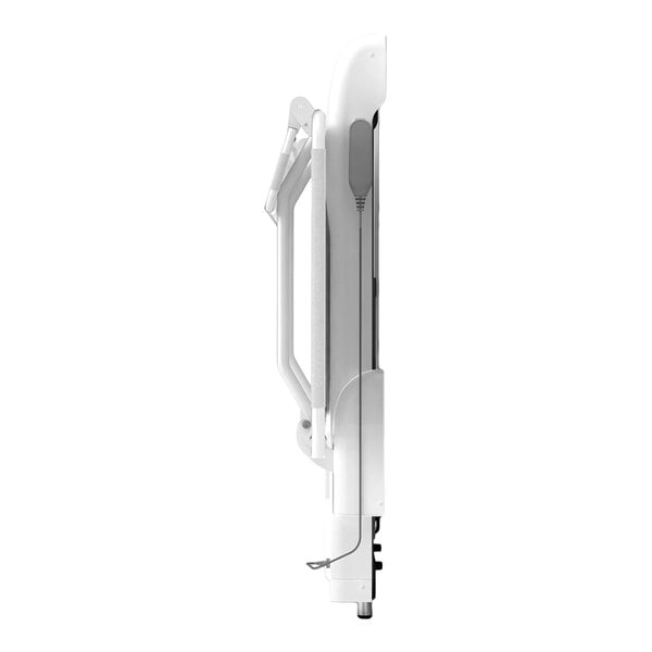 A side view of a tall, wall-mounted device with a handle and a sleek, white design.