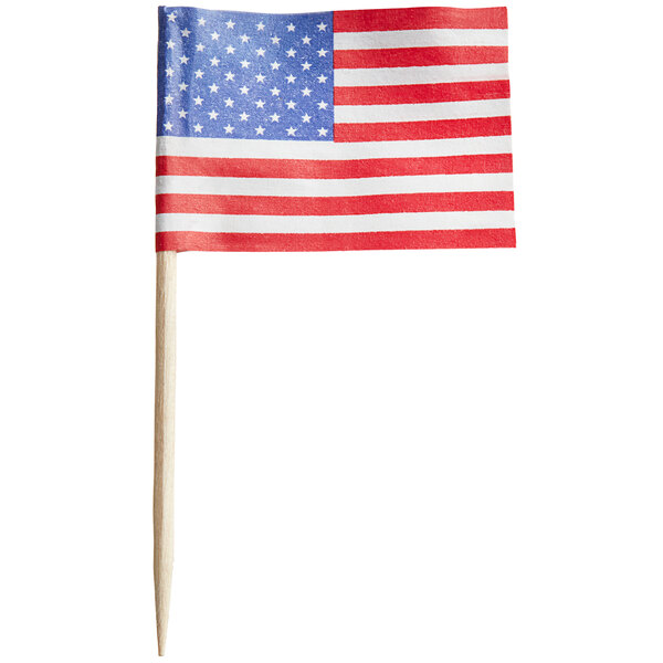 An American flag food pick with a small flag attached to a wooden stick.