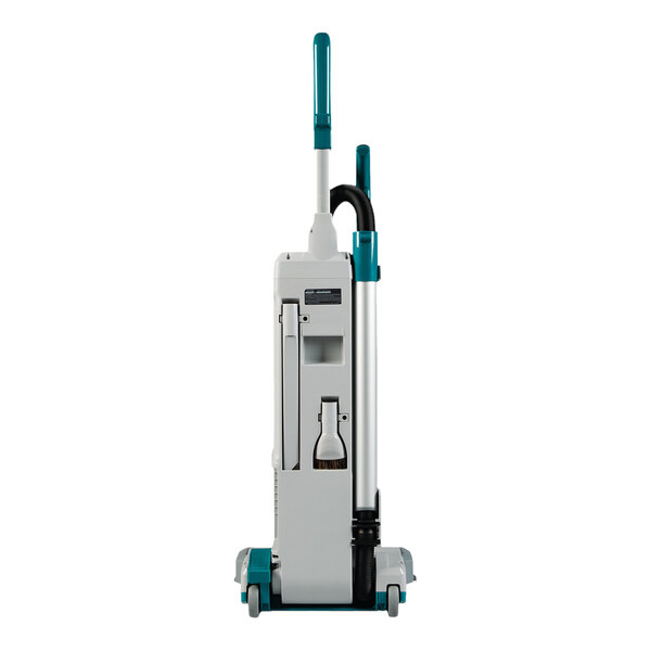 An upright cordless vacuum cleaner with a handle, hose, and attached cleaning tools, featuring HEPA filtration.