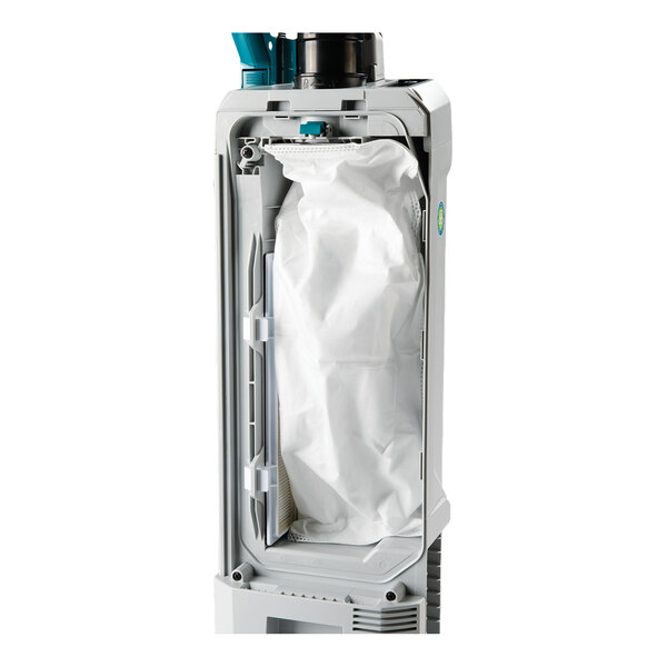 An upright vacuum cleaner with a visible HEPA filtration bag inside the main compartment.