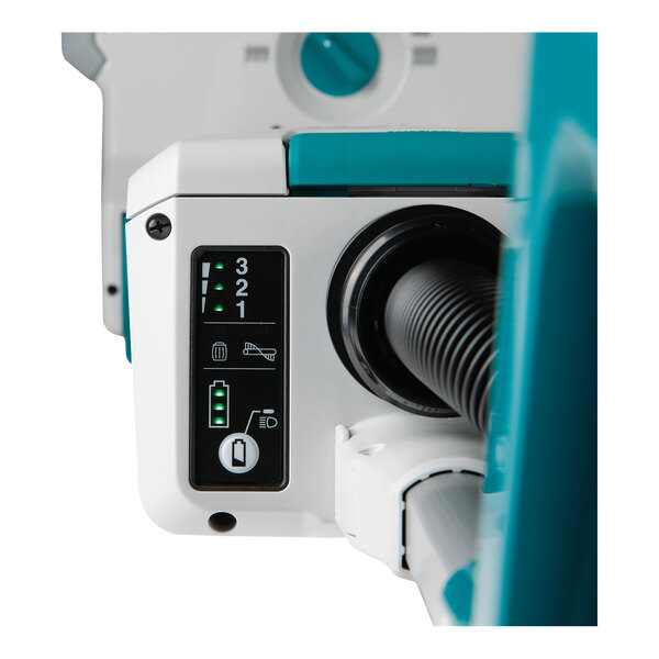 A close-up view of the control panel and hose connection on a Makita 40V MAX XGT cordless upright vacuum cleaner.