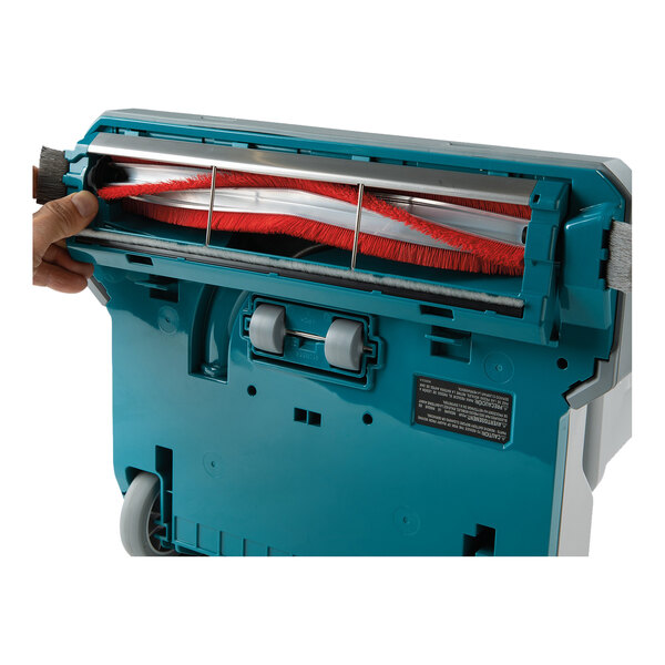 An upright vacuum cleaner with a visible brush roller and HEPA filtration, shown from the bottom.