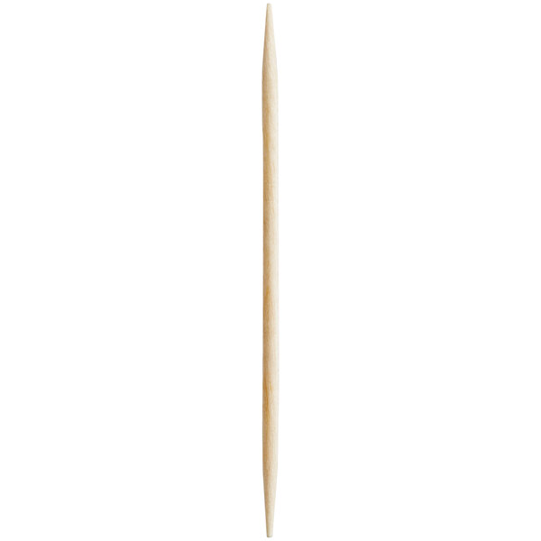 A wooden toothpick with pointed ends.