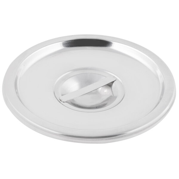 A stainless steel cover designed for a 4.25 quart bain marie pot.