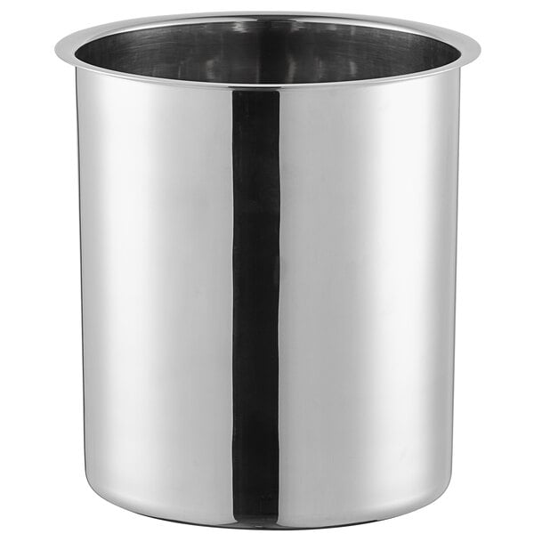 A stainless steel bain marie pot with a 6 quart capacity.