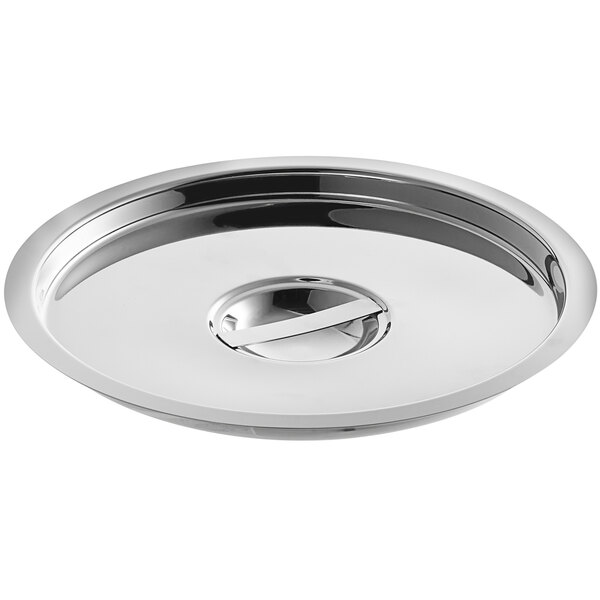 A stainless steel cover designed for a 12 quart bain marie pot.