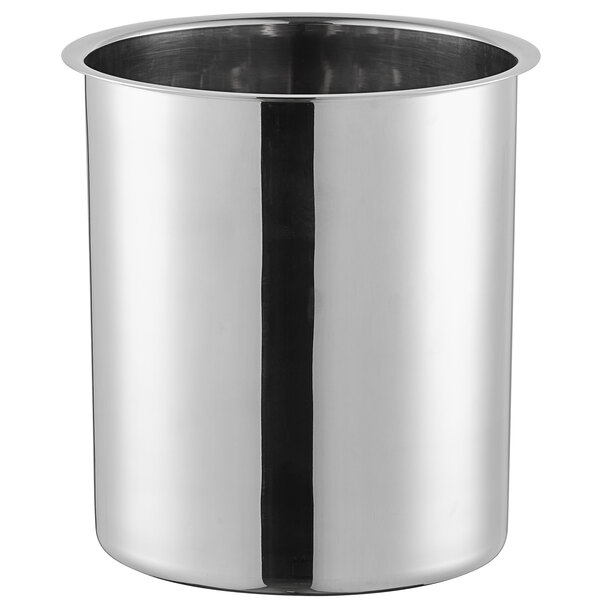 A stainless steel bain marie pot with a 6 quart capacity.