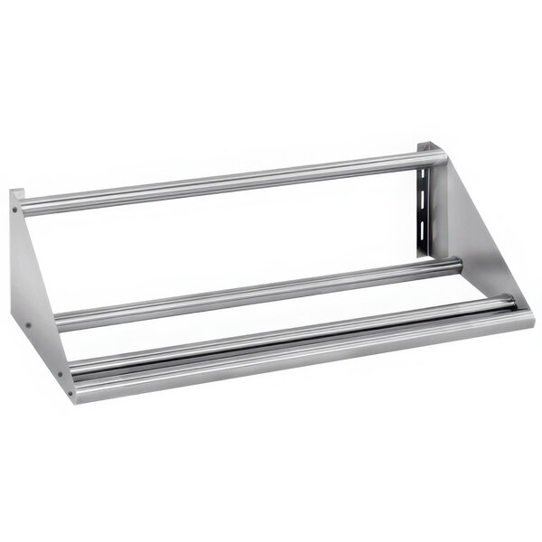 A stainless steel wall mounted tubular rack shelf with two shelves.