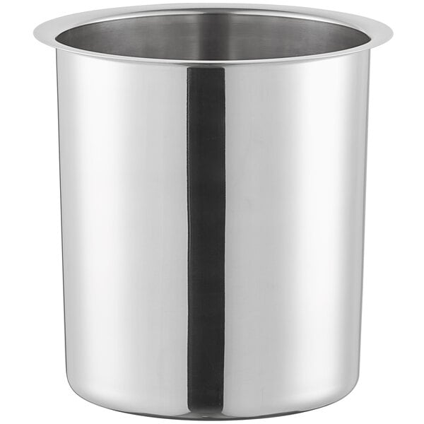 A stainless steel bain marie pot with a 4.25 quart capacity.