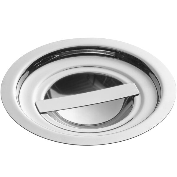 A stainless steel cover designed for a 1.25 quart bain marie pot.