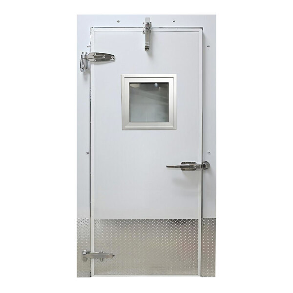 A white galvalume steel cold storage freezer door with an embossed finish, a window, a heated frame, and a right-side handle.