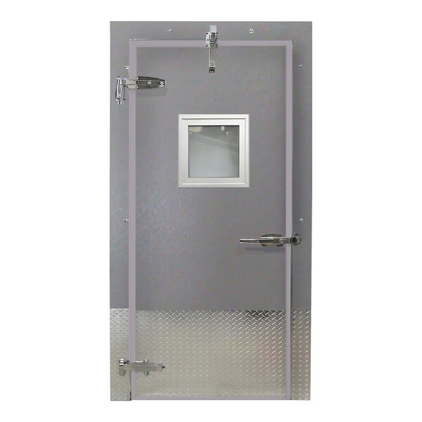 Curtron 36" x 84" Embossed Gray Galvalume Steel Cold Storage Infitting Single Swinging Cooler Door with Window and Right-Side Handle