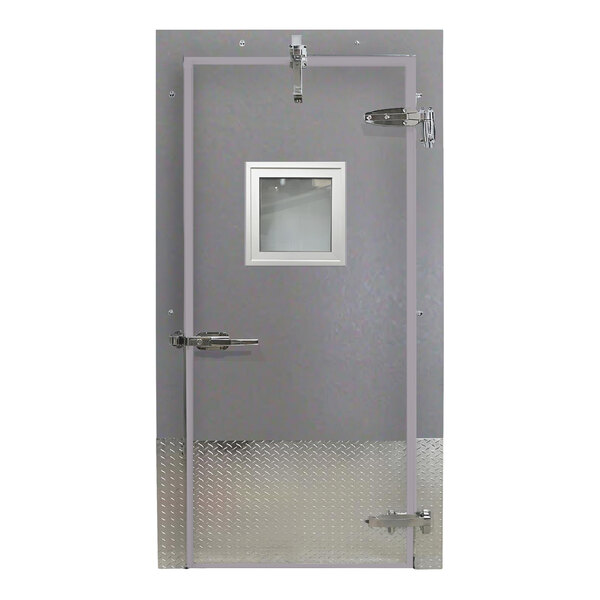 Curtron 36" x 84" Embossed Gray Galvalume Steel Cold Storage Infitting Single Swinging Cooler Door with Window and Left-Side Handle