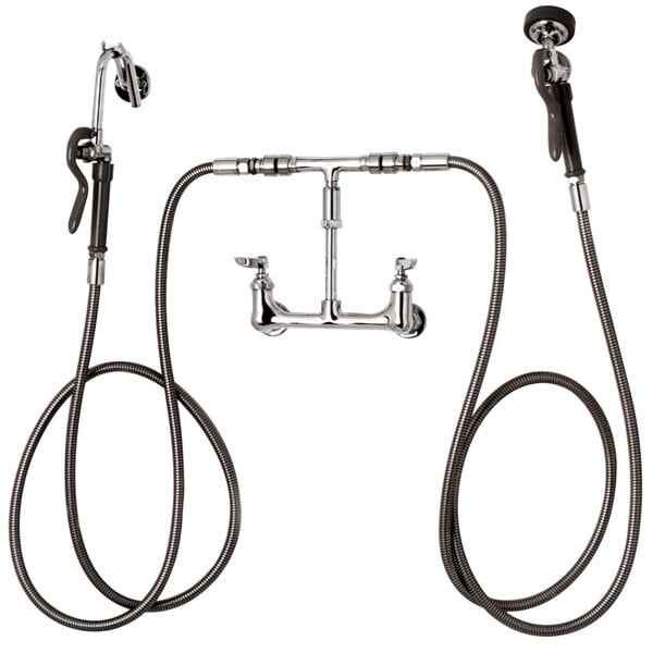 A T&S kettle filler faucet with dual hoses and a hook nozzle.