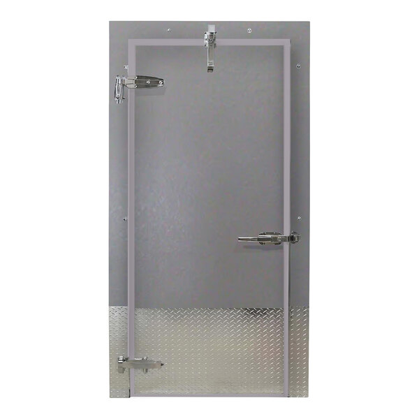 Curtron 36" x 84" Embossed Gray Galvalume Steel Cold Storage Infitting Single Swinging Cooler Door with Right-Side Handle