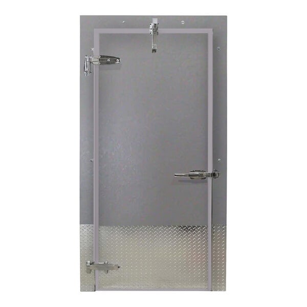 A single swinging gray galvalume steel cold storage freezer door with an embossed finish, heated frame, and right-side handle.