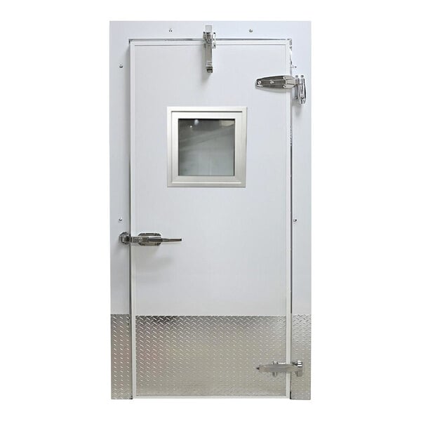 Curtron 36" x 84" Embossed White Galvalume Steel Cold Storage Infitting Single Swinging Freezer Door with Heated Frame, Window, and Left-Side Handle