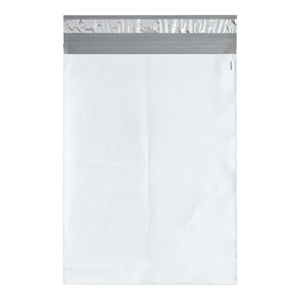 A white expandable polyethylene mailer with a tamper-evident adhesive closure.