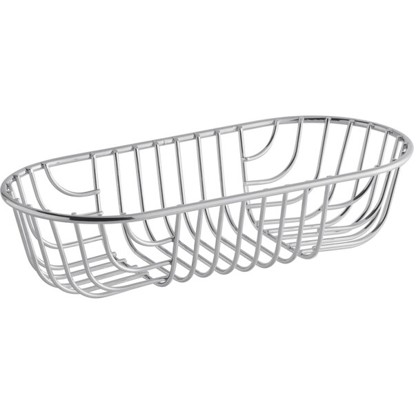 An oval chrome wire basket measuring 9 by 4 inches.