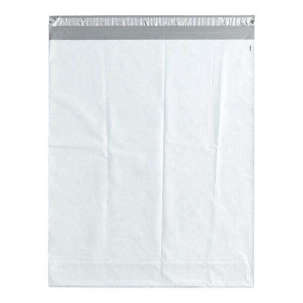 A white expandable polyethylene mailer with a tamper-evident adhesive closure.