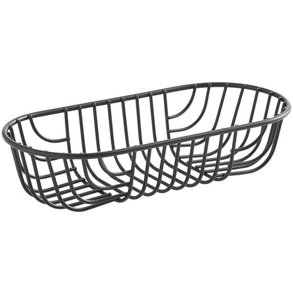 An oval-shaped black wire basket measuring 9 by 4 inches.