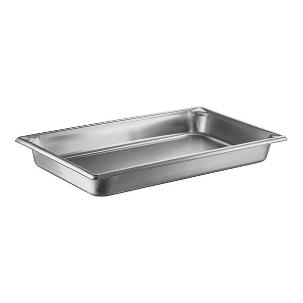A full size, 2 1/2 inch deep stainless steel steam table or hotel pan.