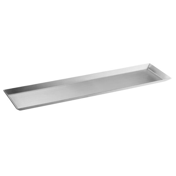 A rectangular stainless steel appetizer tray with an angled brim.