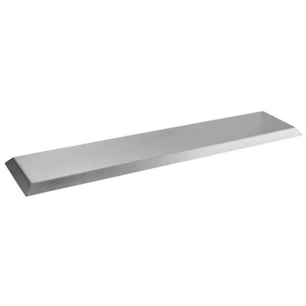 A rectangular stainless steel appetizer tray with an angled brim.